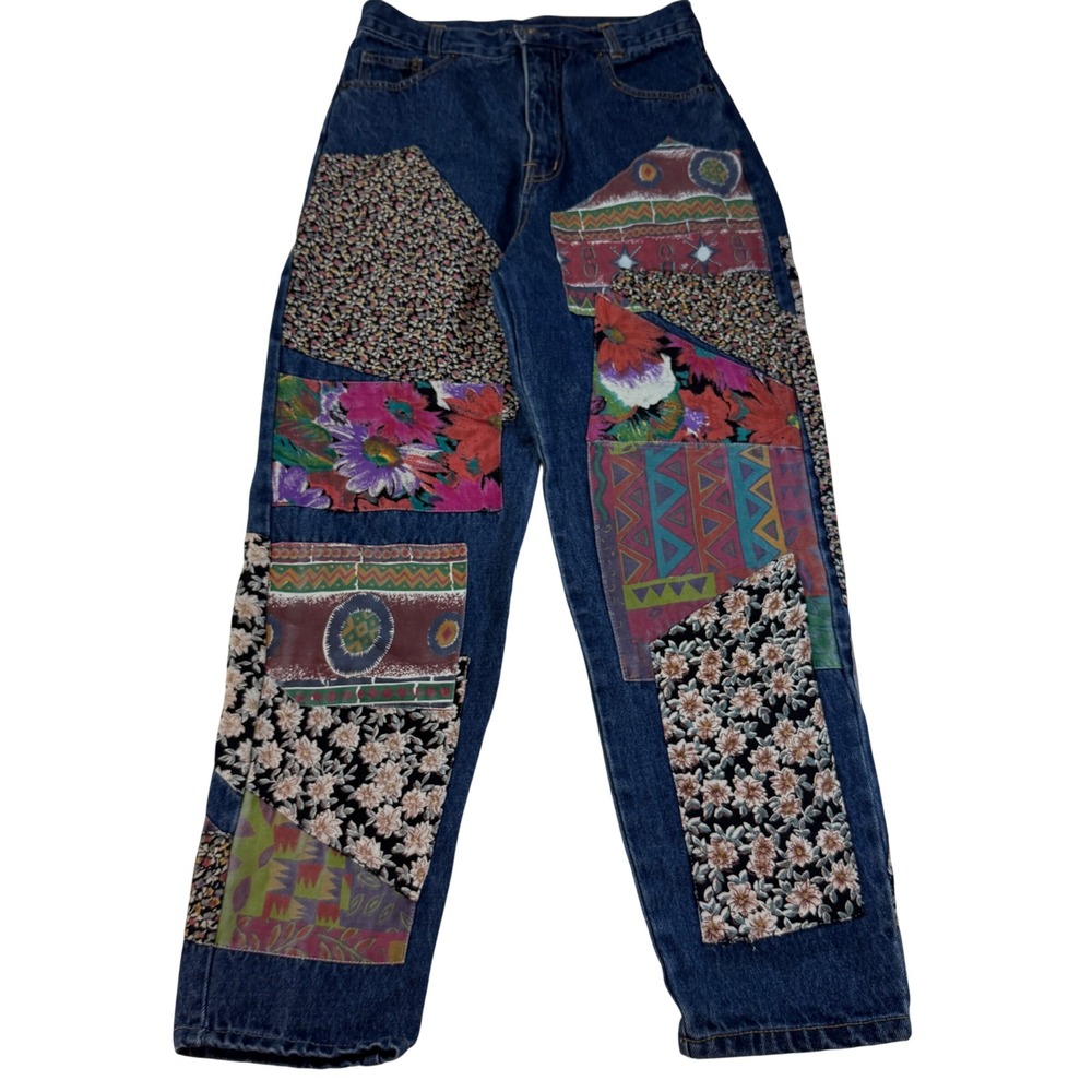 Y2K Vintage Appeal Patchwork Denim Jeans Floral Size 11/12 Boho Whimsical Hippie